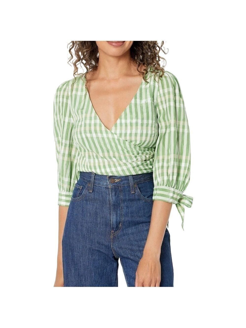 Cinq á Sept Flora Gingham Crop Top Blouse in Hemp and White Size M